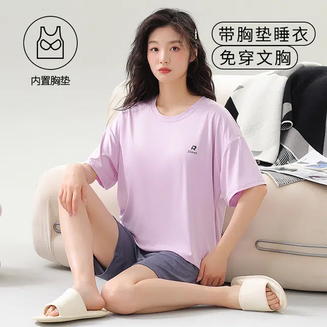 袋鼠 韩系居家休闲轻薄舒适透气亲肤纯色短袖三分短裤带胸垫防凸点可外穿少女睡衣套装 女款 浅紫色