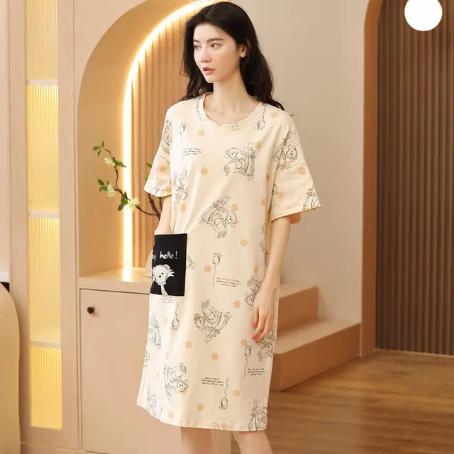 袋鼠 印花薄款直筒纯色清凉透气舒适亲肤可外穿短袖睡裙 女款 象牙白
