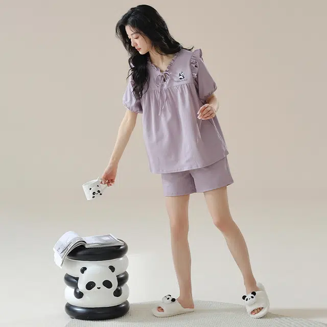 袋鼠 简约时尚经典亲肤微弹舒适透气轻薄居家休闲短袖三分裤可外穿睡衣套装 女款 紫罗兰