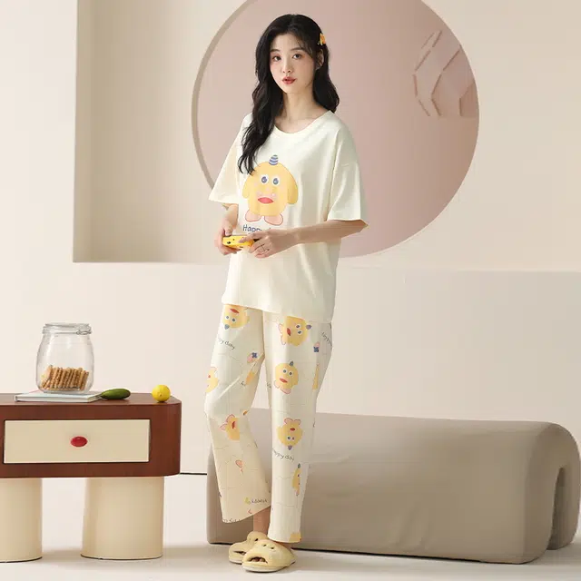 袋鼠 抗菌防螨透气小清新甜美舒适圆领套头短袖长裤家居服可外穿睡衣套装 女款 杏色