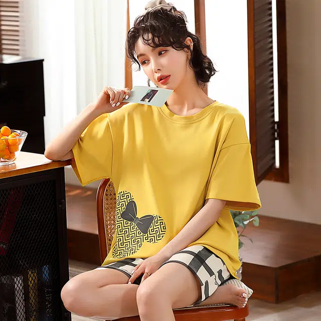 袋鼠 纯色印花薄款透气舒适短袖短裤可外穿睡衣套装 女款 金色