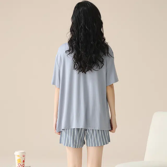 袋鼠 休闲简约短袖条纹可外穿睡衣套装 女款 亮钢蓝