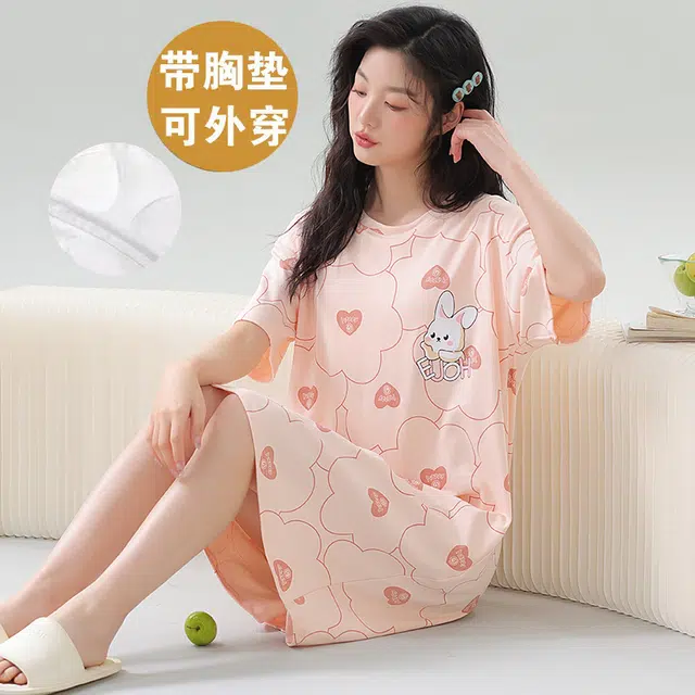 袋鼠 薄款带胸垫防凸点时尚卡通兔满印舒适透气亲肤可外穿短袖睡裙 女款 浅粉