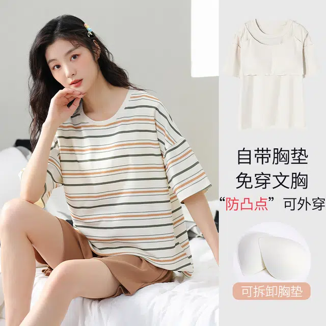 袋鼠 条纹小清新韩系简约时尚舒适透气轻薄亲肤短袖三分裤可外穿睡衣套装 女款 玫瑰金
