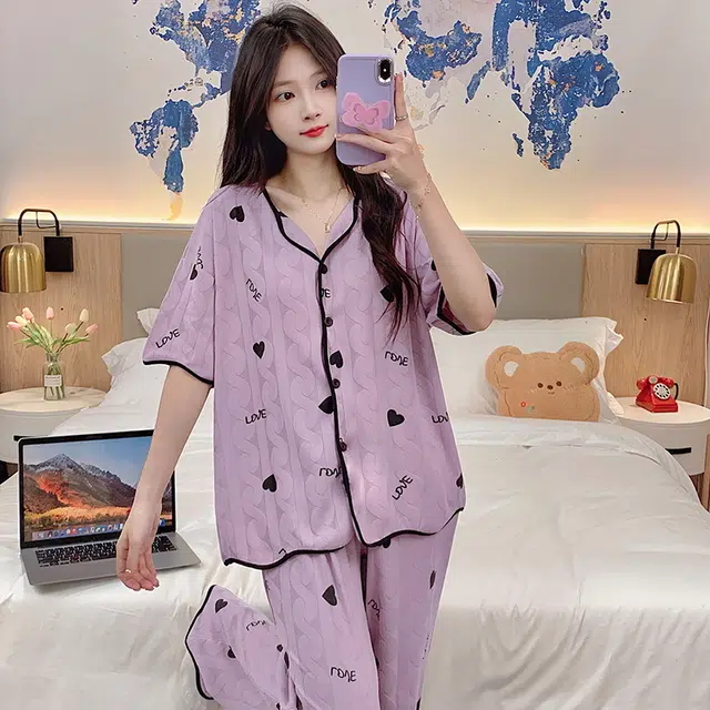 袋鼠 薄款带胸垫防凸点开衫短袖提花素色家居服可甜美可外穿少女长裤睡衣套装 女款 香芋紫