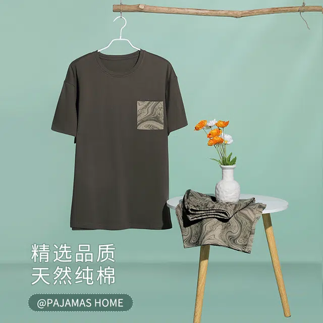 袋鼠 休闲纯色印花舒适透气轻薄亲肤短袖五分裤可外穿睡衣套装 男款 橄榄棕色