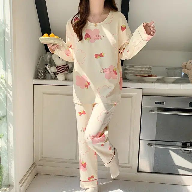 袋鼠 透气亲肤舒适长袖长裤时尚套头圆领家居服可外穿睡衣套装 女款 米白色