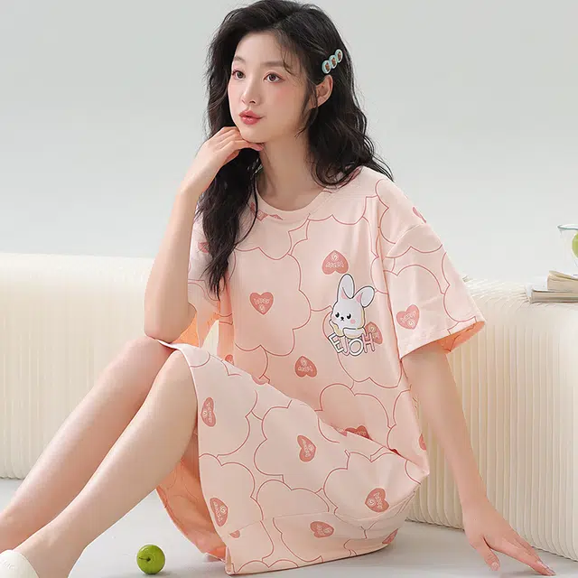 袋鼠 薄款时尚卡通兔满印短袖裙舒适透气亲肤可外穿夏季睡裙 女款 浅粉