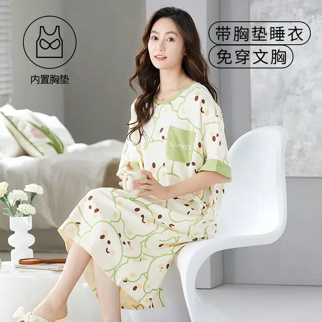 袋鼠 满印印花卡通休闲舒适透气亲肤短袖带胸垫可外穿睡裙 女款 象牙白