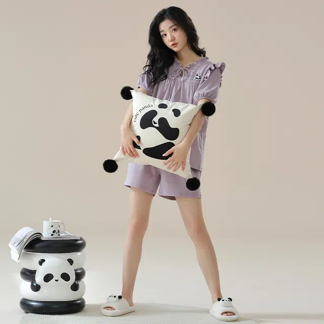 袋鼠 简约时尚经典亲肤微弹舒适透气轻薄居家休闲短袖三分裤可外穿睡衣套装 女款 紫罗兰