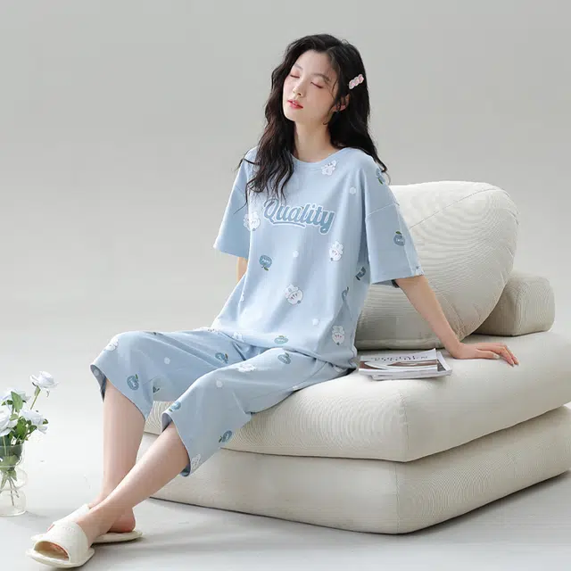 袋鼠 亲肤透气活力甜美休闲短袖七分裤可外穿睡衣套装 女款 浅蓝色