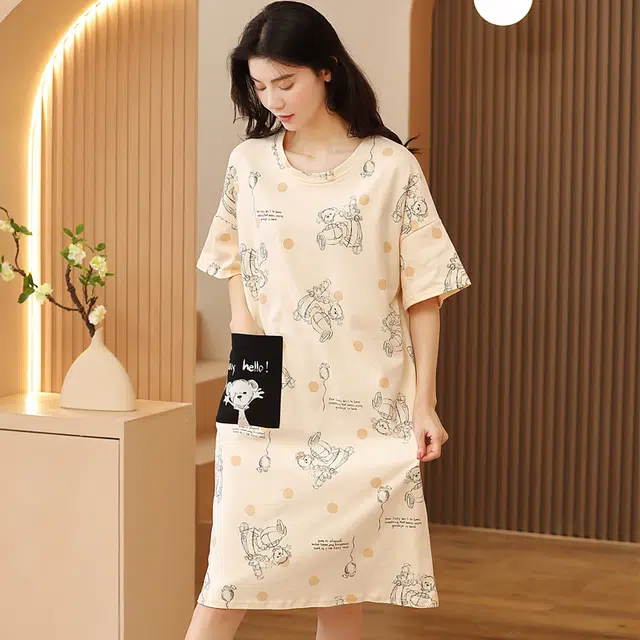 袋鼠 印花薄款直筒纯色清凉透气舒适亲肤可外穿短袖睡裙 女款 象牙白