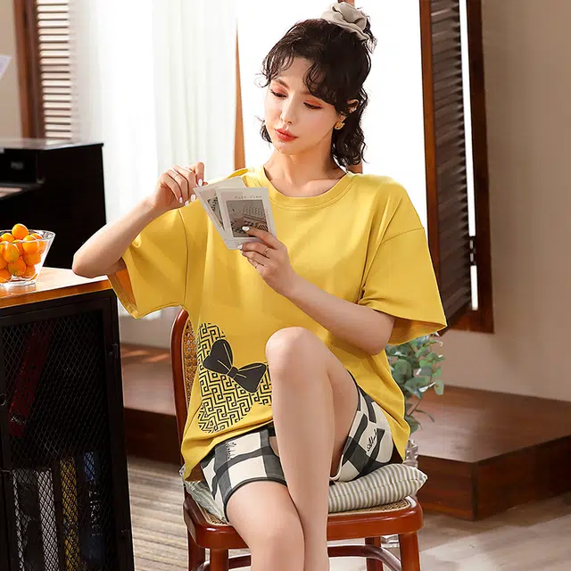 袋鼠 纯色印花薄款透气舒适短袖短裤可外穿睡衣套装 女款 金色