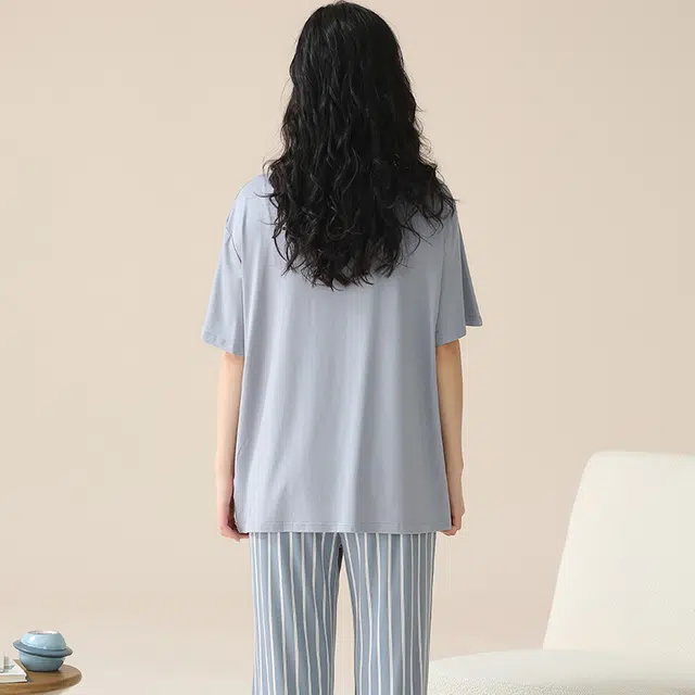 袋鼠 薄款休闲简约少女短袖条纹长裤时尚居家可外穿睡衣套装 女款