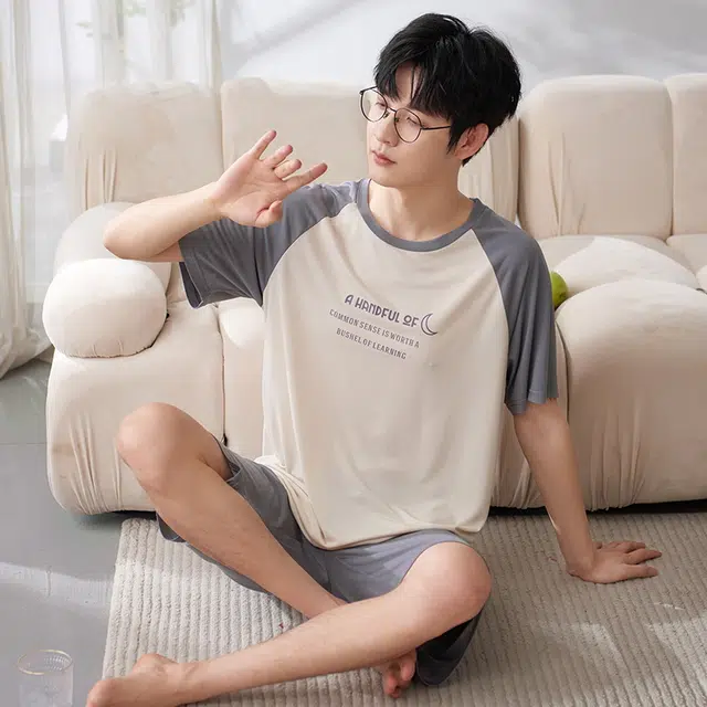 袋鼠 时尚亲肤舒适耐磨柔软圆领短袖可居家可外穿睡衣套装 男款 杏色