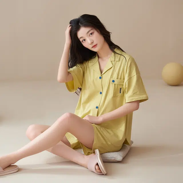 袋鼠 抗菌防螨休闲透气轻薄舒适温柔亲肤柔软微弹翻领开衫三分裤不勒腹居家可外穿睡衣套装 女款 黄色