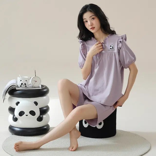 袋鼠 简约时尚经典亲肤微弹舒适透气轻薄居家休闲短袖三分裤可外穿睡衣套装 女款 紫罗兰