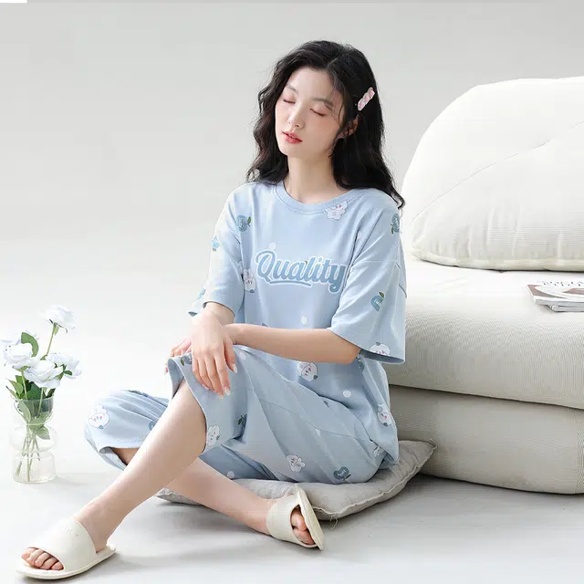 袋鼠 亲肤透气活力甜美休闲短袖七分裤可外穿睡衣套装 女款 浅蓝色