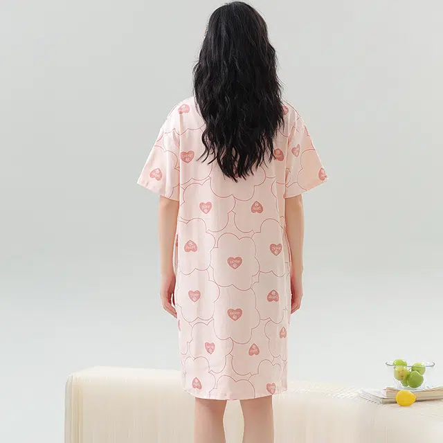 袋鼠 薄款时尚卡通兔满印短袖裙舒适透气亲肤可外穿夏季睡裙 女款 浅粉