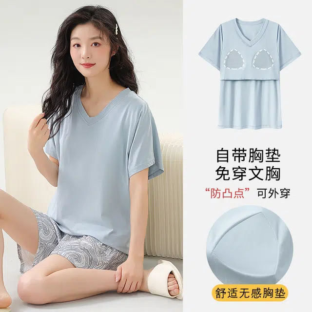 袋鼠 韩系居家休闲轻薄舒适透气亲肤纯色短袖三分短裤带胸垫防凸点可外穿少女睡衣套装 女款 浅蓝色