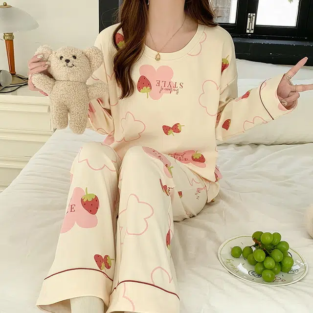 袋鼠 透气亲肤舒适长袖长裤时尚套头圆领家居服可外穿睡衣套装 女款 米白色
