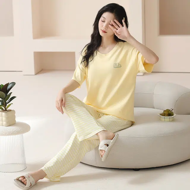 袋鼠 抗菌防螨小清新透气甜美柔软舒适圆领带胸垫防凸点短袖不勒腹长裤家居服可外穿睡衣套装 女款 黄色