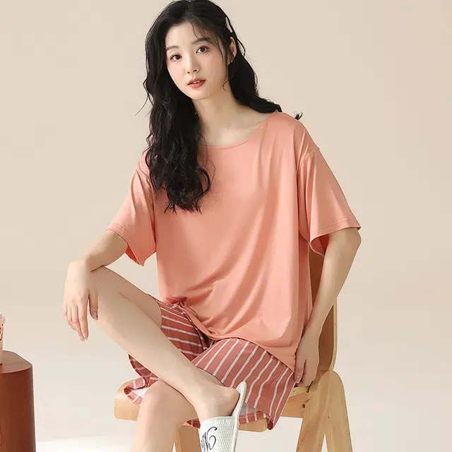袋鼠 简约短袖条纹透气亲肤可外穿睡衣套装 女款 虾红