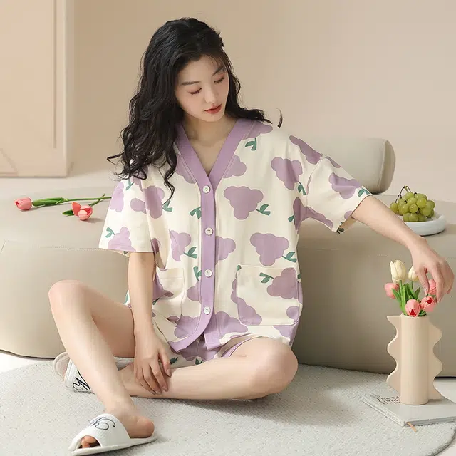 袋鼠 抗菌防螨时尚清爽轻薄亲肤青春活力舒适透气休闲短袖三分裤居家可外穿睡衣套装 女款 图色