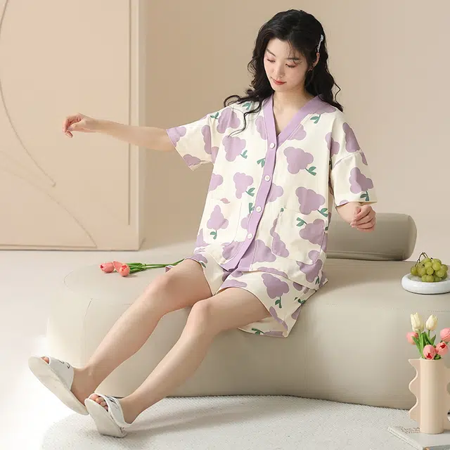 袋鼠 抗菌防螨时尚清爽轻薄亲肤青春活力舒适透气休闲短袖三分裤居家可外穿睡衣套装 女款 图色