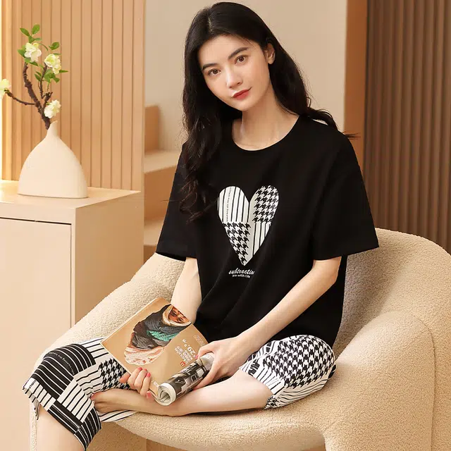 袋鼠 夏季时尚格仔可爱休闲甜美纯棉纯色短袖七分裤可外穿少女睡衣套装 女款