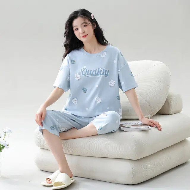 袋鼠 亲肤透气活力甜美休闲短袖七分裤可外穿睡衣套装 女款 浅蓝色