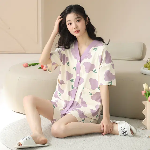 袋鼠 抗菌防螨时尚清爽轻薄亲肤青春活力舒适透气休闲短袖三分裤居家可外穿睡衣套装 女款 图色