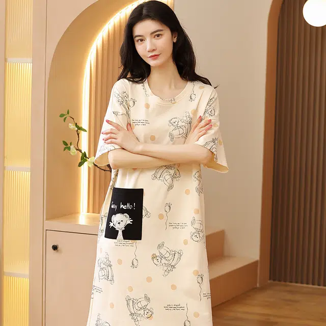 袋鼠 印花薄款直筒纯色清凉透气舒适亲肤可外穿短袖睡裙 女款 象牙白