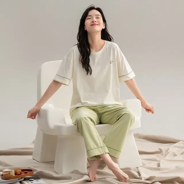 袋鼠 抗菌防螨透气清爽甜美超柔软舒适套头圆领短袖长裤家居服可外穿睡衣套装 女款 浅绿色