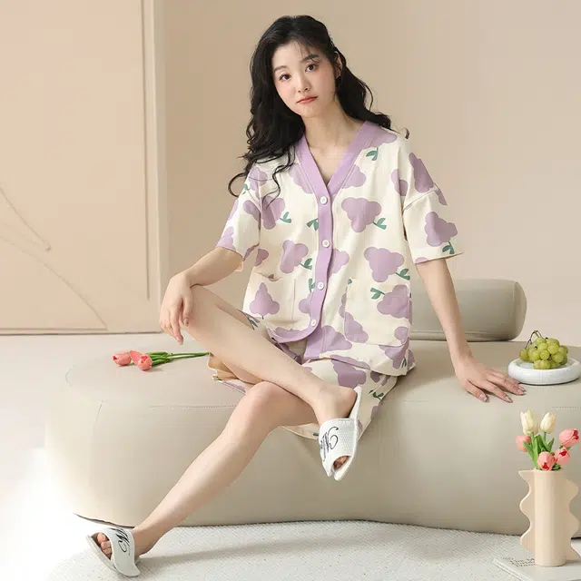 袋鼠 抗菌防螨时尚清爽轻薄亲肤青春活力舒适透气休闲短袖三分裤居家可外穿睡衣套装 女款 图色