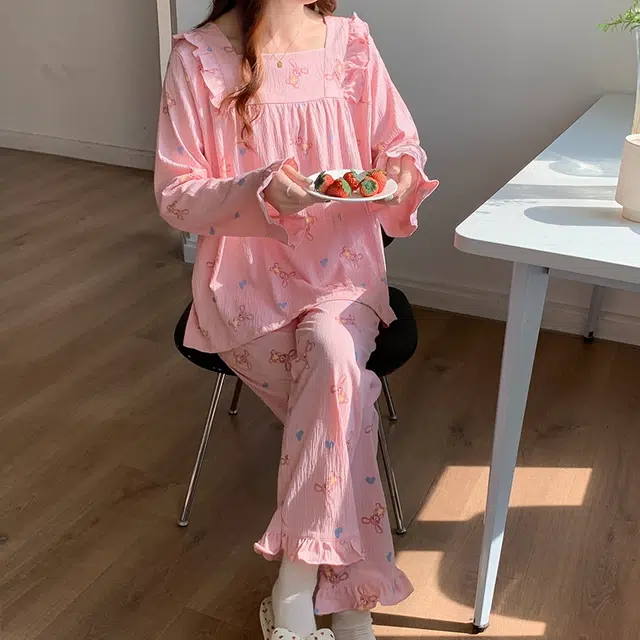 袋鼠 韩版舒适亲肤长袖长裤家居服可外穿甜美睡衣套装 女款 粉红色