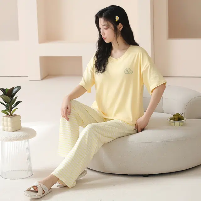 袋鼠 抗菌防螨小清新透气甜美柔软舒适圆领带胸垫防凸点短袖不勒腹长裤家居服可外穿睡衣套装 女款 黄色