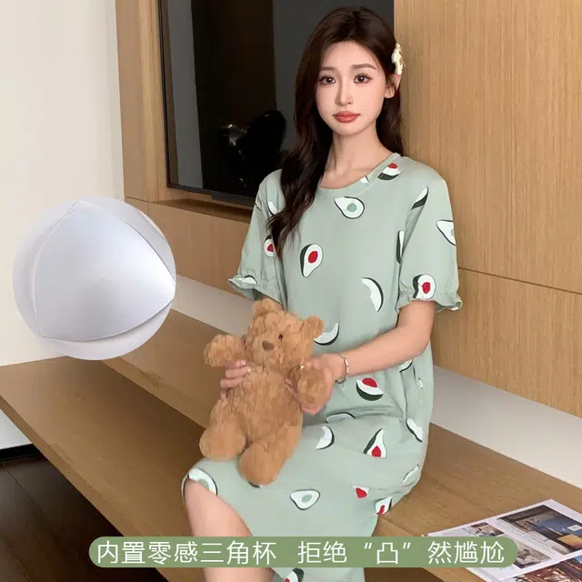 袋鼠 牛油果印花圆领简约透气舒适柔软亲肤吸湿带胸垫防凸点短袖睡裙 女款 浅绿色
