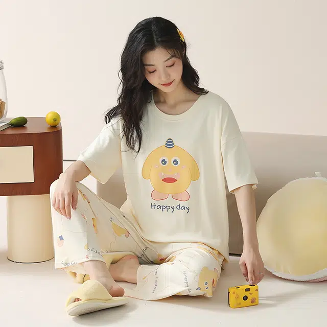 袋鼠 抗菌防螨透气小清新甜美舒适圆领套头短袖长裤家居服可外穿睡衣套装 女款 杏色