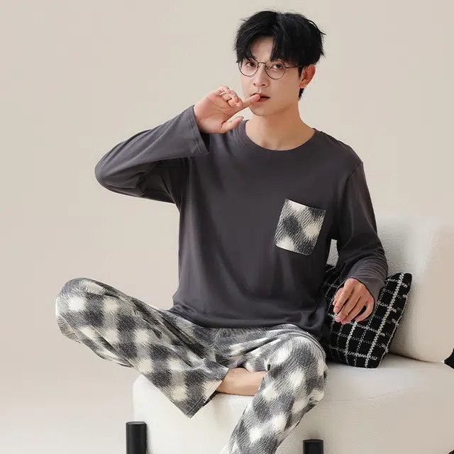 袋鼠 圆领口袋时尚韩版上衣简约轻盈微弹舒适亲肤细腻柔软下衣睡衣套装 男款 灰色