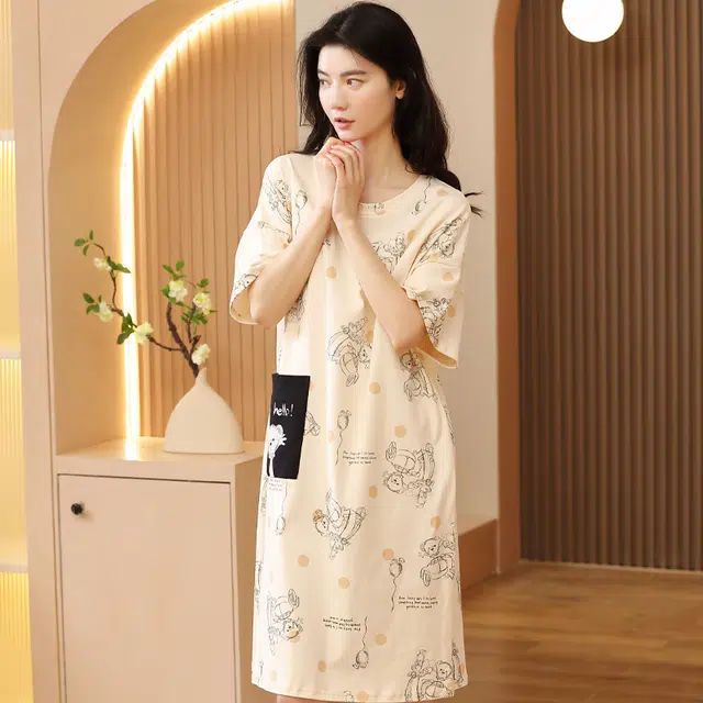 袋鼠 印花薄款直筒纯色清凉透气舒适亲肤可外穿短袖睡裙 女款 象牙白