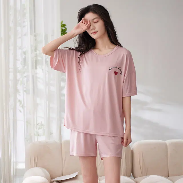 袋鼠 透气甜美清爽柔软舒适圆领套头短袖三分裤带胸垫防凸点家居服可外穿睡衣套装 女款 粉红色