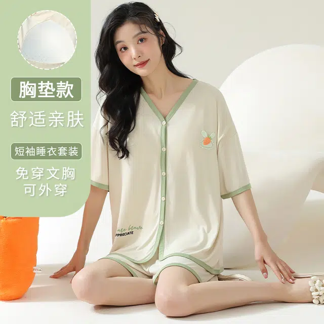 袋鼠 时尚清新简约宽松舒适透气轻薄休闲短袖防凸点可外穿夏季睡衣套装 女款 香槟色