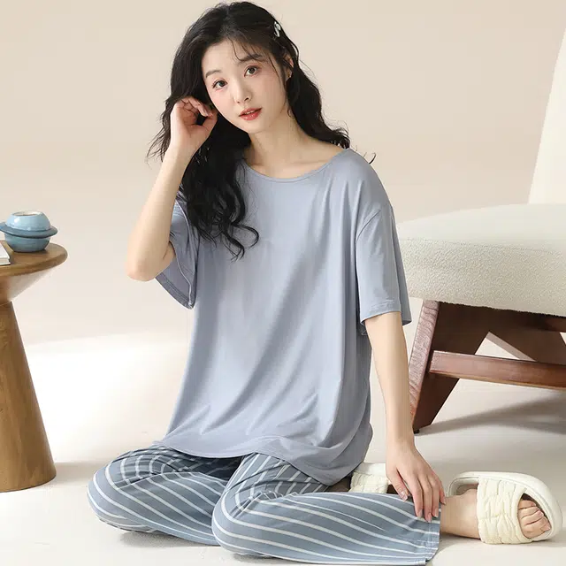 袋鼠 薄款休闲简约少女短袖条纹长裤时尚居家可外穿睡衣套装 女款