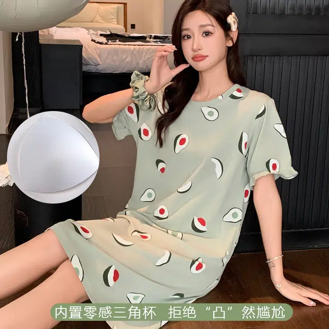 袋鼠 牛油果印花圆领简约透气舒适柔软亲肤吸湿带胸垫防凸点短袖睡裙 女款 浅绿色