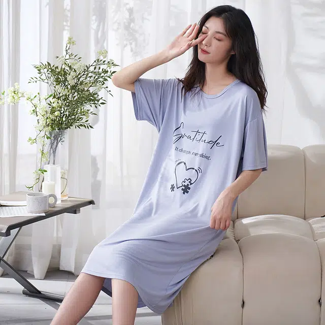 袋鼠 休闲温柔轻薄透气柔软舒适亲肤微弹少女带图案带口袋可居家直筒短袖中长款可外穿睡裙 女款 紫罗兰
