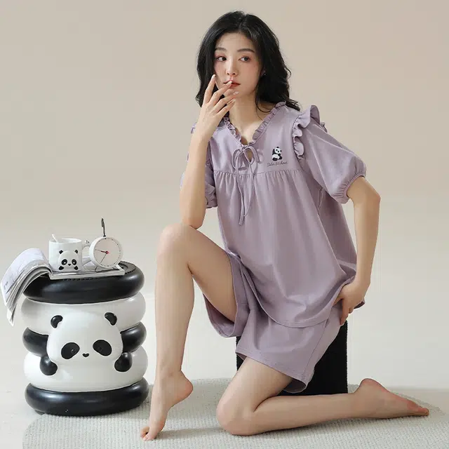 袋鼠 简约时尚经典亲肤微弹舒适透气轻薄居家休闲短袖三分裤可外穿睡衣套装 女款 紫罗兰
