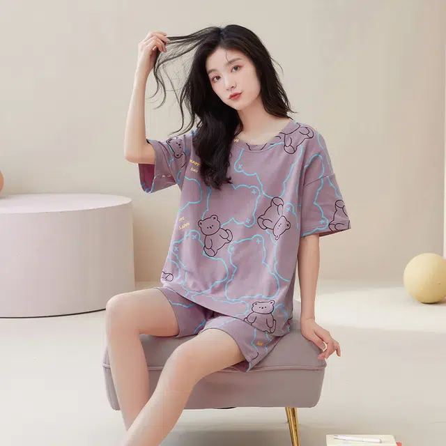 袋鼠 舒适小清新亲肤温柔凉爽休闲时尚防凸点自带胸垫短袖三分裤可居家可外穿睡衣套装 女款 紫罗兰