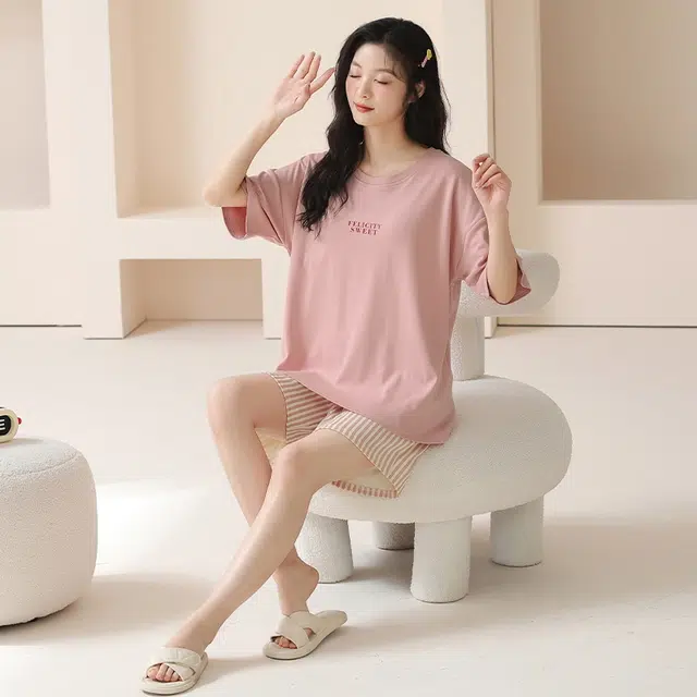 袋鼠 小清新轻薄透气甜美舒适套头防凸点短袖不勒腹三分裤睡衣套装 女款 粉红色