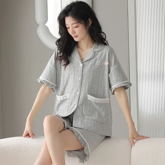 袋鼠 舒适柔软吸湿透气微弹亲肤短袖三分裤可外穿睡衣套装 女款 灰色